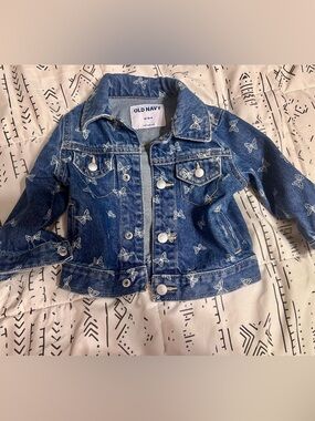 Old Navy Blue Denim Jacket with White Butterfly Embroidery - Kids